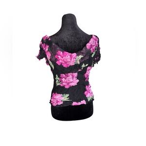 VTG Deadstock SILK floral‎ pattern draped back top in black and pink size Large